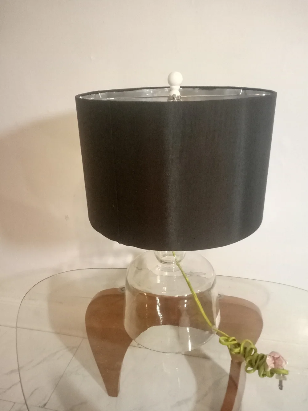 Glass Table Lamp with Black Drum Shade